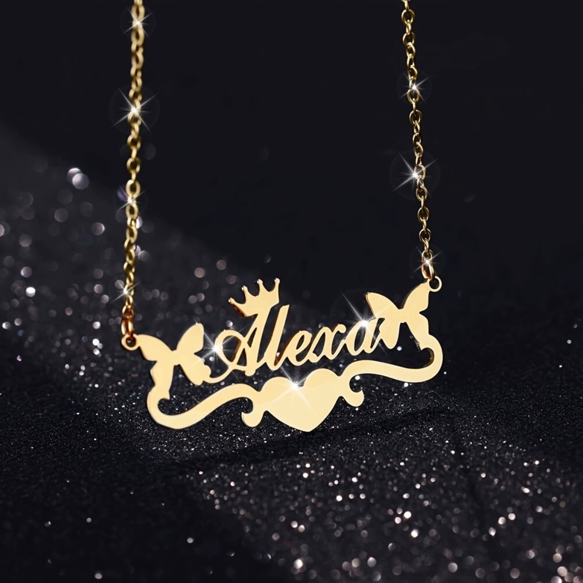 Custom Butterfly Crown Heart Name Pendant Necklace — Personalized Gift